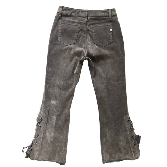 SHAFT JEANS Italy Lola hr Velvet Flock Pants Lace up Flare Hem in Oro Verde - Picture 2 of 15